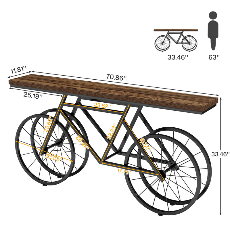70.9'' Extra Long Console Table with Bicycle Base, Narrow Sofa Table Industrial Entryway Table, Black, Rustic Brown