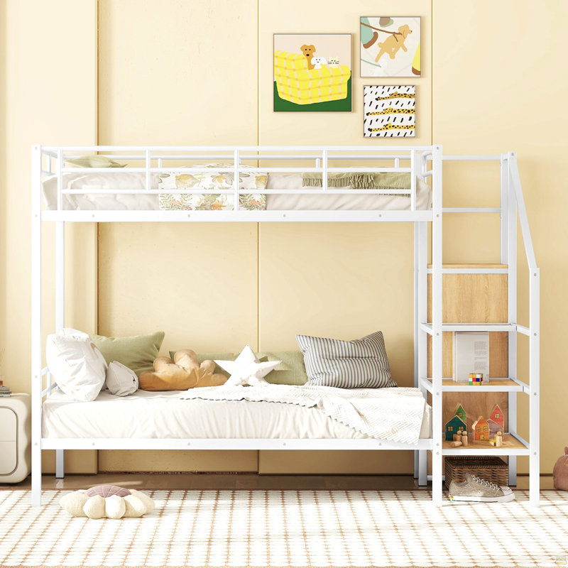 Lit superposé simple en métal avec échelle de rangement latérale et garde-robe