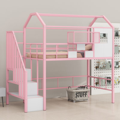 Lit mezzanine en métal avec toit et boîte de rangement