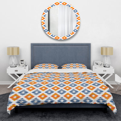 Bleu et orange Ikat Ogee - Ensemble de housse de couette abstrait - Microfibre de polyester