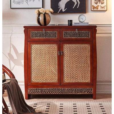 Vintage rattan solid wood shoe cabinet