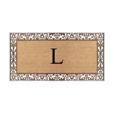 Dyari Natural Coir & Rubber Paisley Border Monogram Non-Slip Door Mat, 30"x60", Bronze, Heavy-Duty Low-Profile Outdoor Front Porch