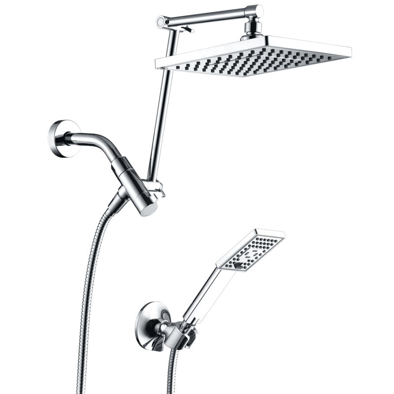 High-Pressure Dual Shower Head System With Extendable Arms - 8" Adjustable Square Rainfall & Handheld Shower Combo, Chrome