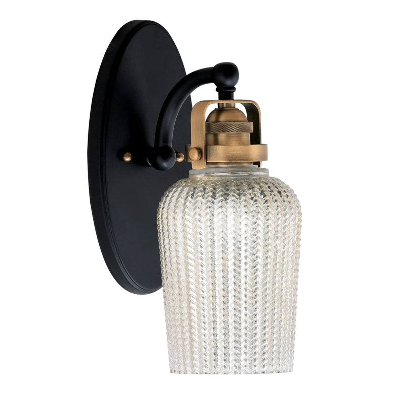 Easton Wall Sconce With 5", Silver Textured Glass, Matte Black/Brass