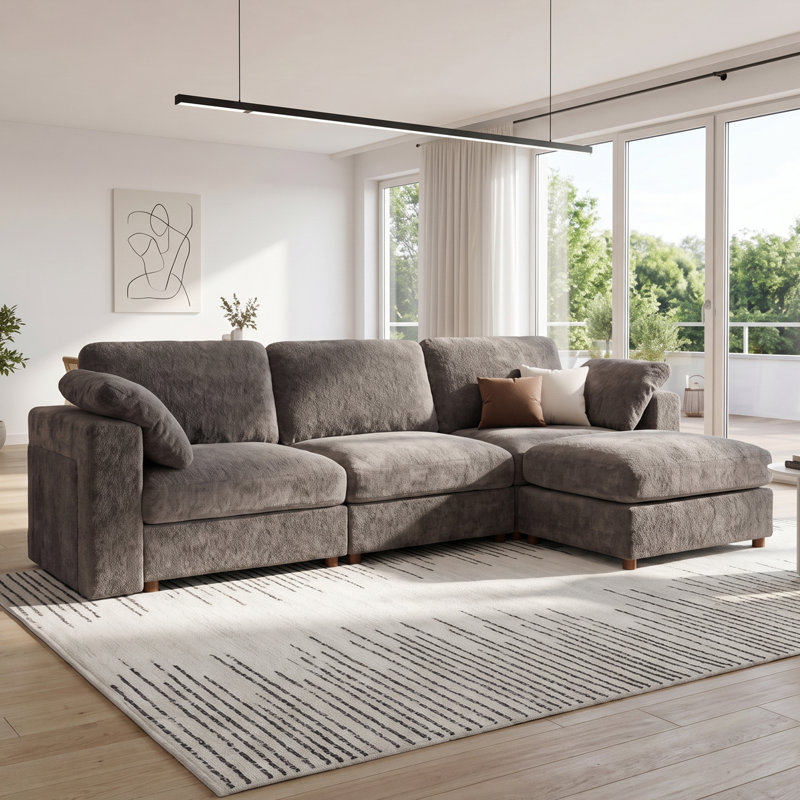 4 - Piece Teddy Modular Sectional Sofa Cloud Couch with Ottoman and 2 Storage Side Table, Gray, 3
