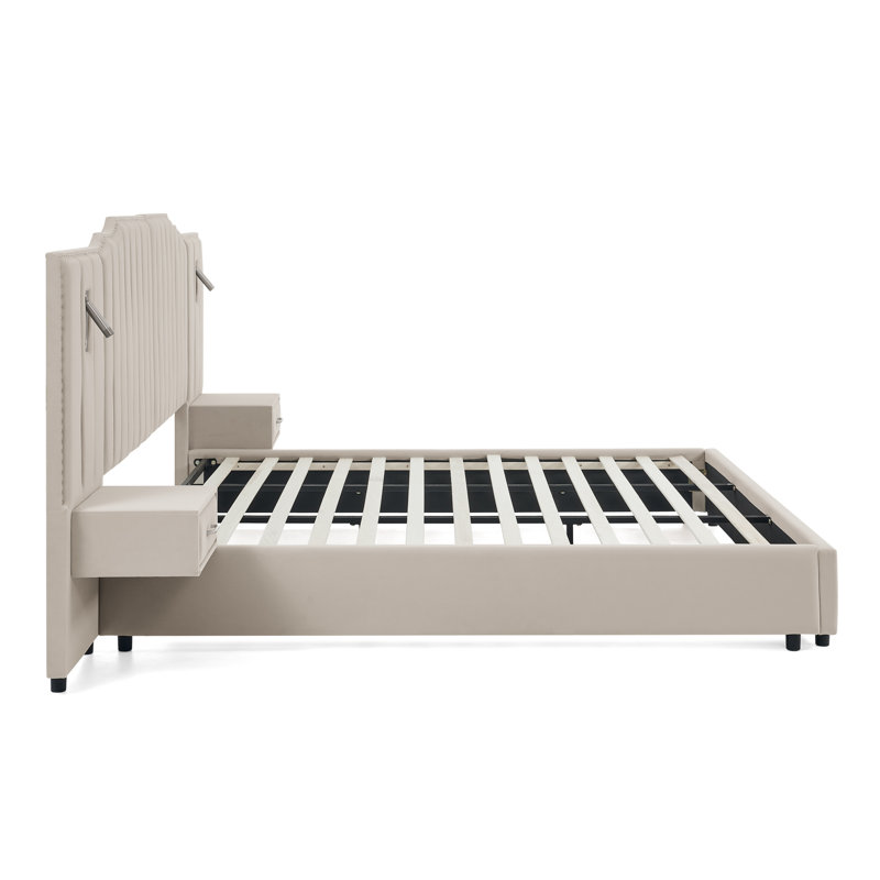 Structure de lit tapissier, lit plateforme avec tête de lit, Beige, Très grand lit