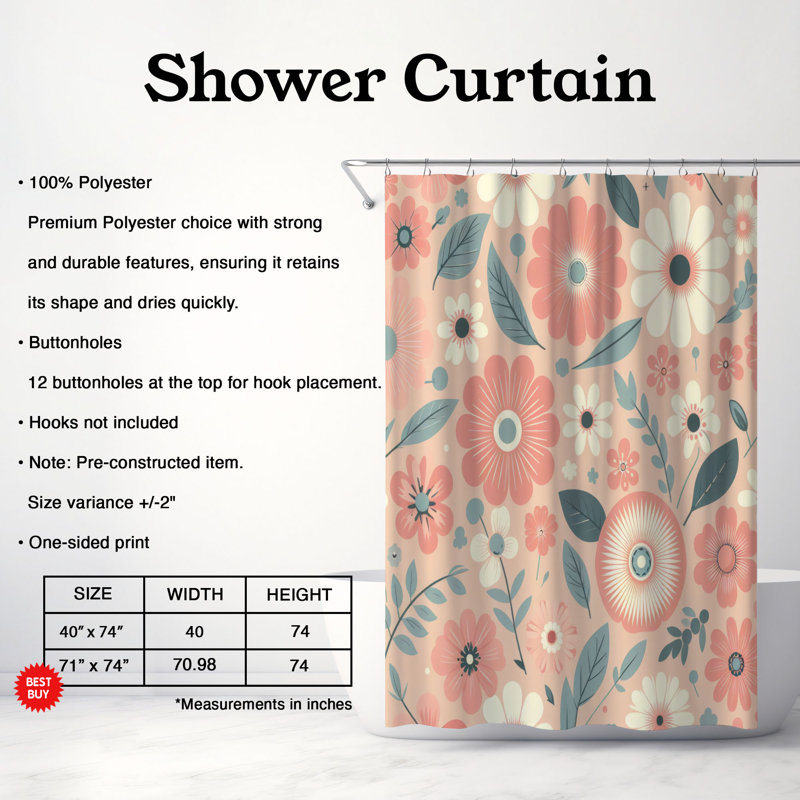 Rideau de douche 1 pièce Funky Blossom Fields, H 74 po x l 71 po