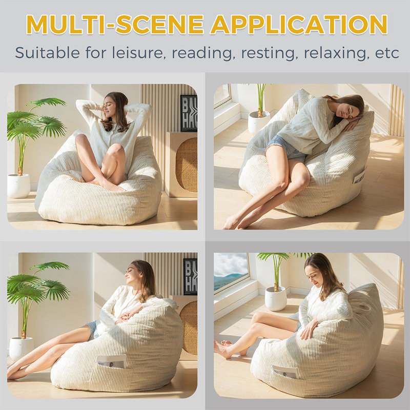Polyester Bean Bag Chair, Beige Corduroy