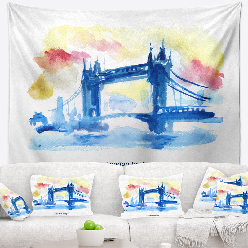 Cityscape painting london illustration dessinée à la main tapisserie, H 50 po x l 60 po