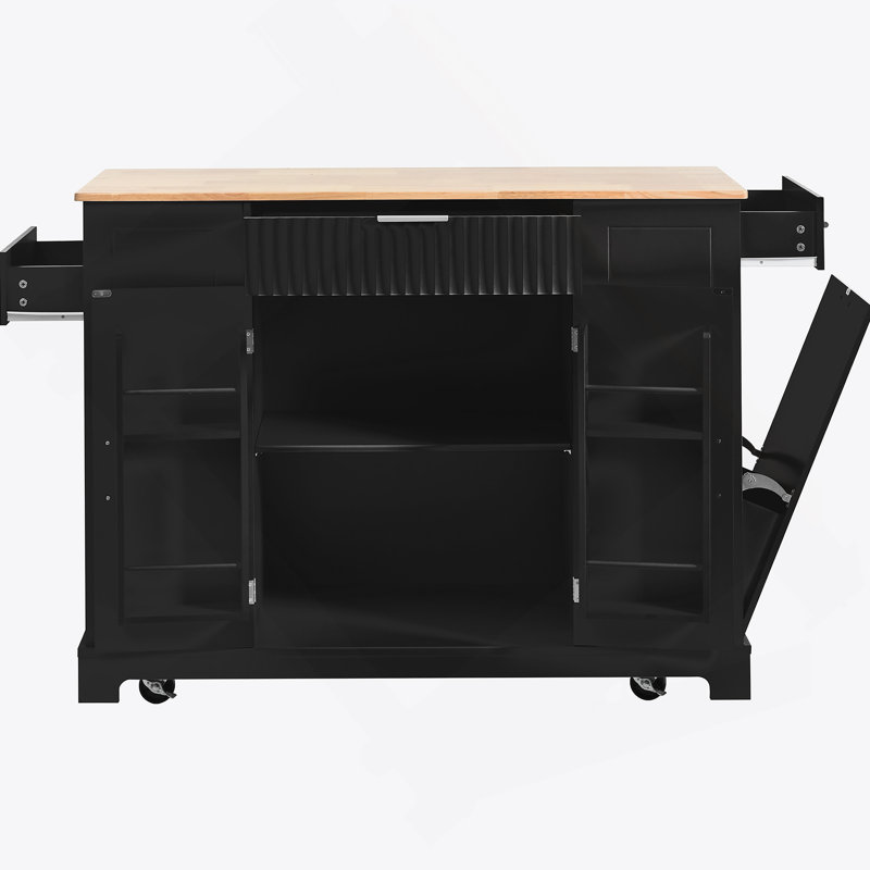 Fluted Rubber Wood Kitchen Island With Concealed Tilt-Out Trash Can, Built-In Power Outlets, Adjustable Internal Shelves, Rolling Mobility, And Multi-Tier Open Storage.