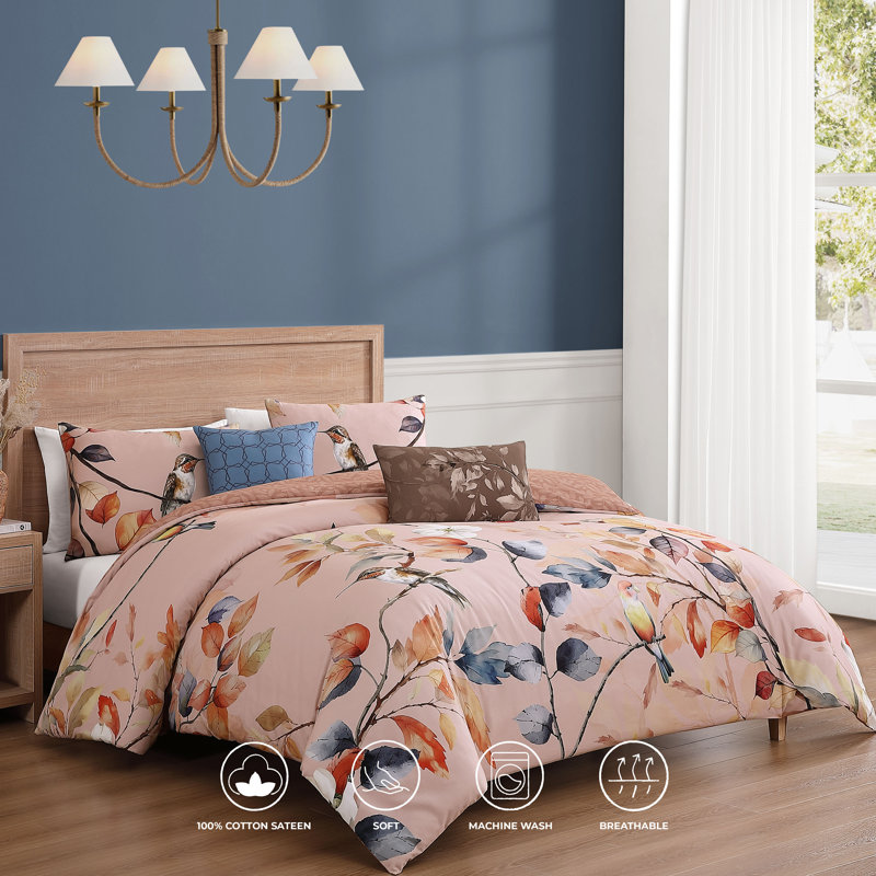 Ensemble d'édredon réversible 5 pièces Bebejan Peachy Dogwood 100% satin de coton
