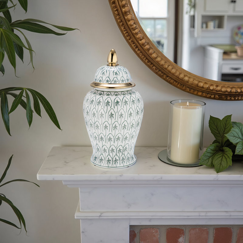 Batheaston Porcelain Lidded Ginger Jar with Gold Accents and Elegant Decorative Design, 18" H x 9" W x 9" D