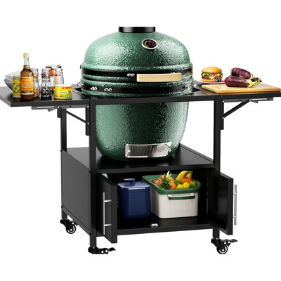 Table de barbecue extérieure pour Big Egg - Type de cuisson, structure métallique avec deux surfaces pliables, peut accueillir des grilles jusqu'à 53 cm (21 pouces), construction en fer, grand espace de rangement pour les ustensiles, installation simple, mobile et