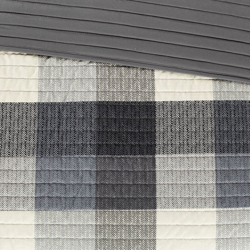 Courtepointe 6 pièces avec imprimé à chevrons gris, taille double / grand, accents écossais Buffalo, décoration de chambre confortable et élégante, lavable à la machine, pièces, motif, oreillers décoratifs de literie charmants et chauds inclus