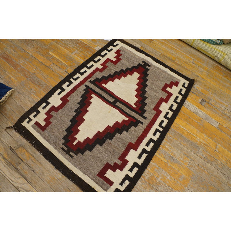 Antique Bold Tribal Pattern Native American Gray Flatwoven Navajo Rug