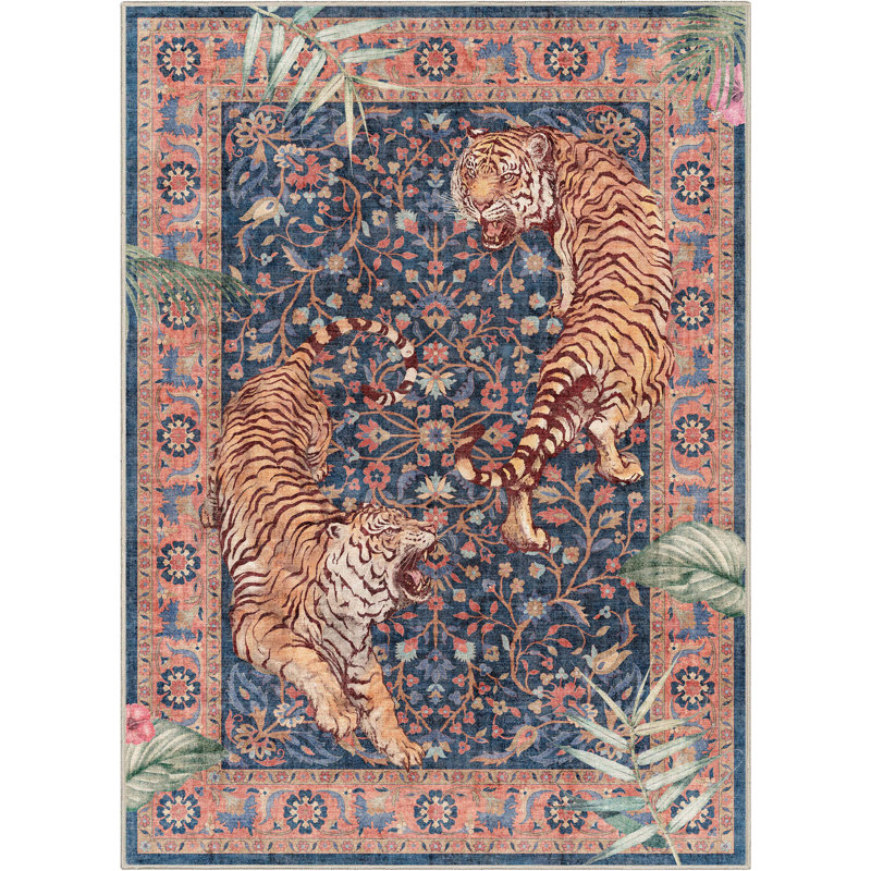 Tapis bleu marine à motif floral Shanea, Rectangle 9 pi 10 po x 13 pi