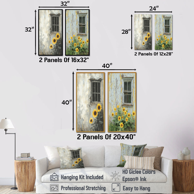 "Tournesols de campagne et fenêtres de grange I", collection d'art mural floral 2 panneaux, Cadre flottant blanc