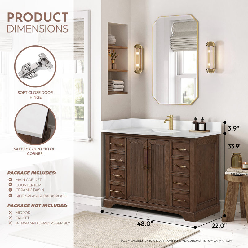Meuble-lavabo simple 48 po avec plateau en pierre de quartz blanc Friedliese, Chêne brun foncé vieilli
