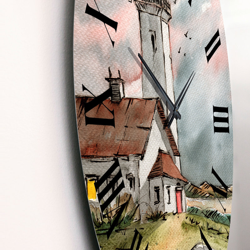 Phare sous un ciel gris rose - Horloge murale, Grand