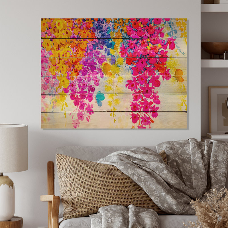Composition de fleurs colorées III - peinture sur bois sans cadre, H 16 po x l 32 po x P 1 po