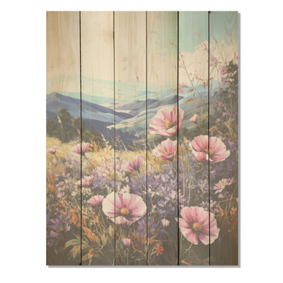 Fleurs mauves, Morning Glory Hill I - fleurs, art mural sur bois de pin naturel
