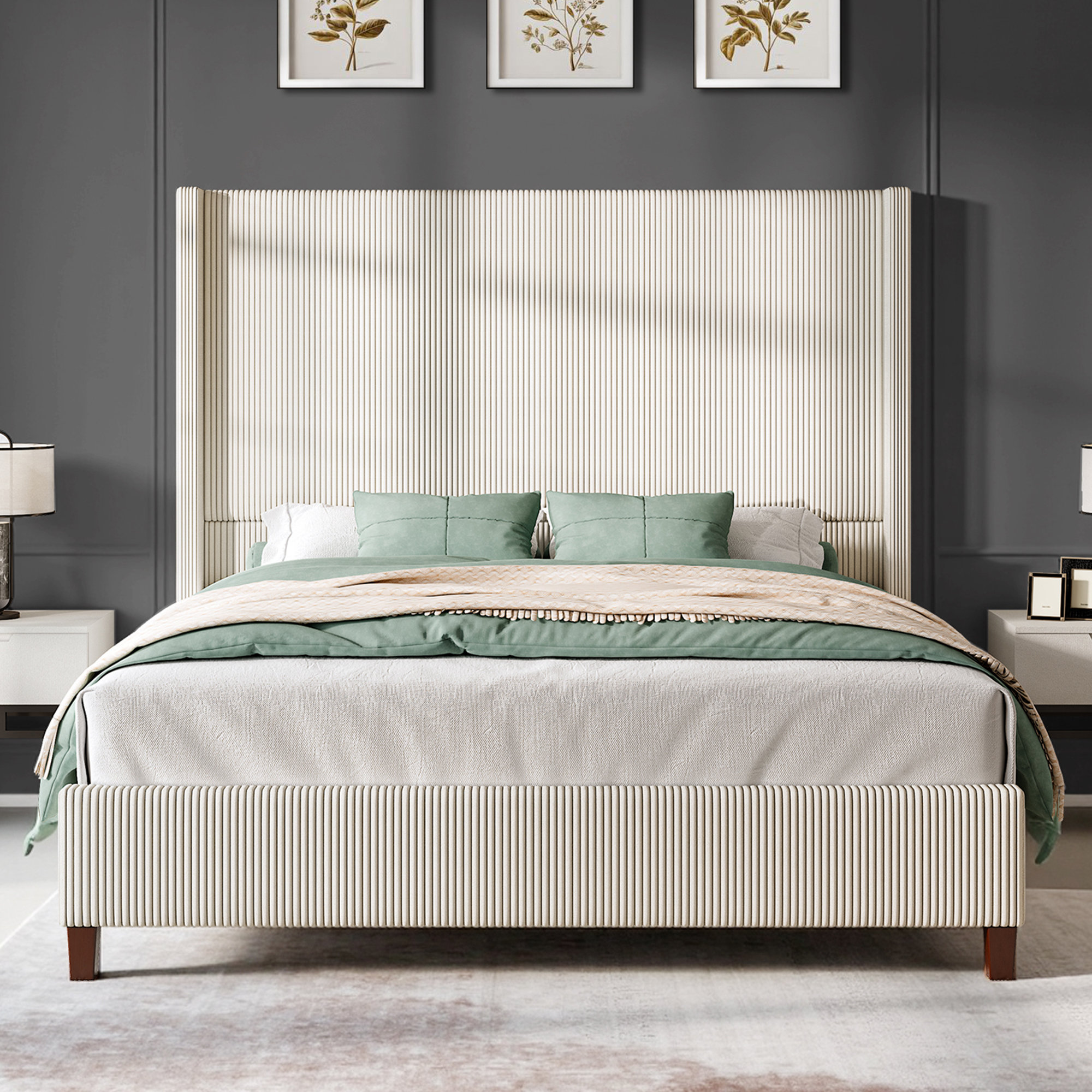 Dunwoody Upholstered Wingback King Size Platform Bed,Cream