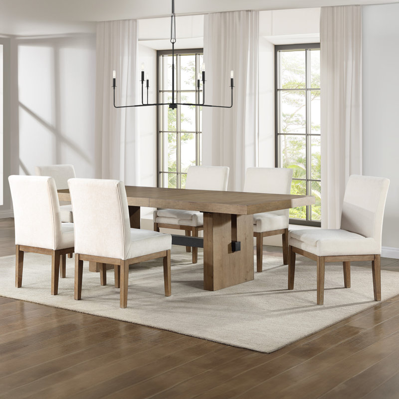 Rickye Trestle Dining Set, 7 Pieces: Table, 6 Chairs, Brown