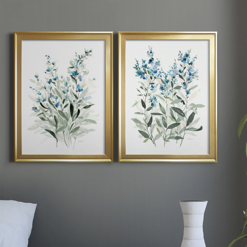 «Delicate Blue Botanical I», ensemble de 2 reproductions d'art sur toile encadrées, H 18,5 po x l 49 po x P 1,5 po, Or