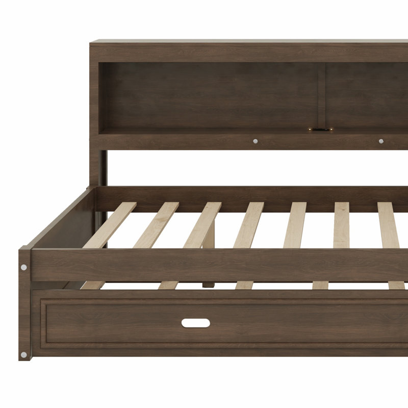 Lit de jour en bois avec tablettes de rangement, USB, DEL et lit gigogne, Bois antique