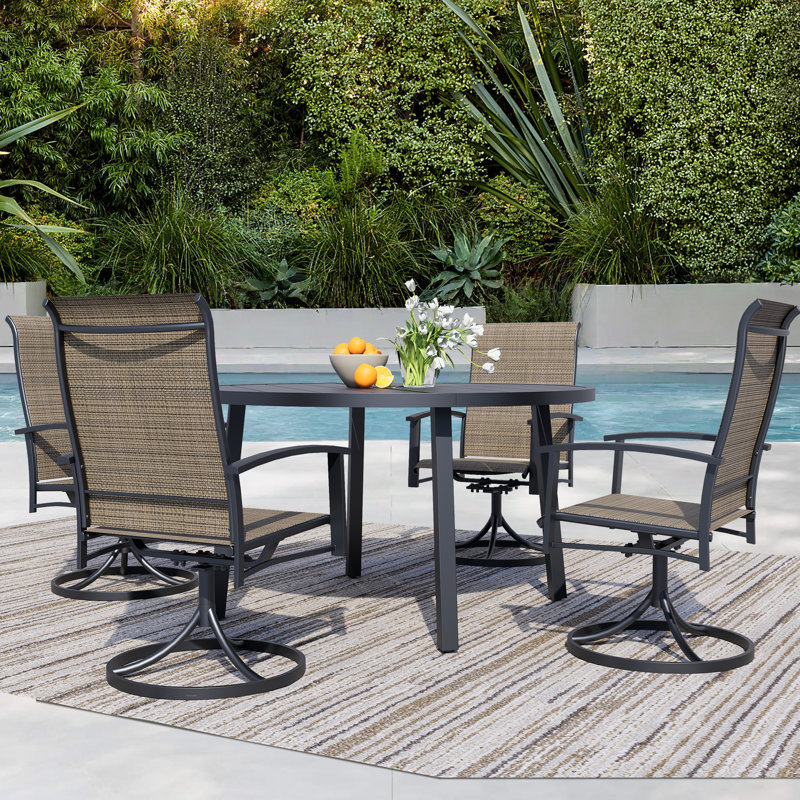 5-Piece Outdoor Dining Set For 4 – 42" Black Round Outdoor Table With Umbrella Hole & 4 Blue Patio Swivel Chairs, All-Weather Patio Furniture