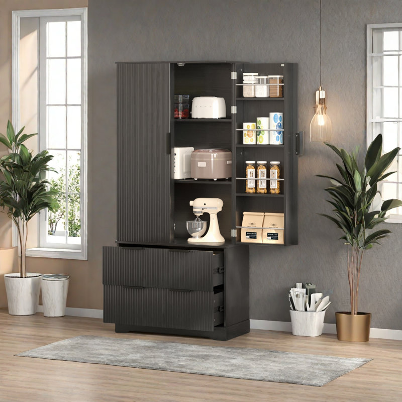 Grande armoire de rangement avec étagères à épices, tiroirs et tablettes - Armoire garde-manger polyvalente en panneau de fibres à densité moyenne pour cuisine, salle à manger ou salon