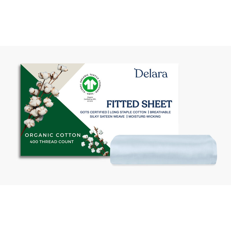 Delara GOTS-Certified Organic Cotton Sateen Fitted Sheet, 400 Thread Count, Soft Long-Staple Cotton, 16" Deep Pocket