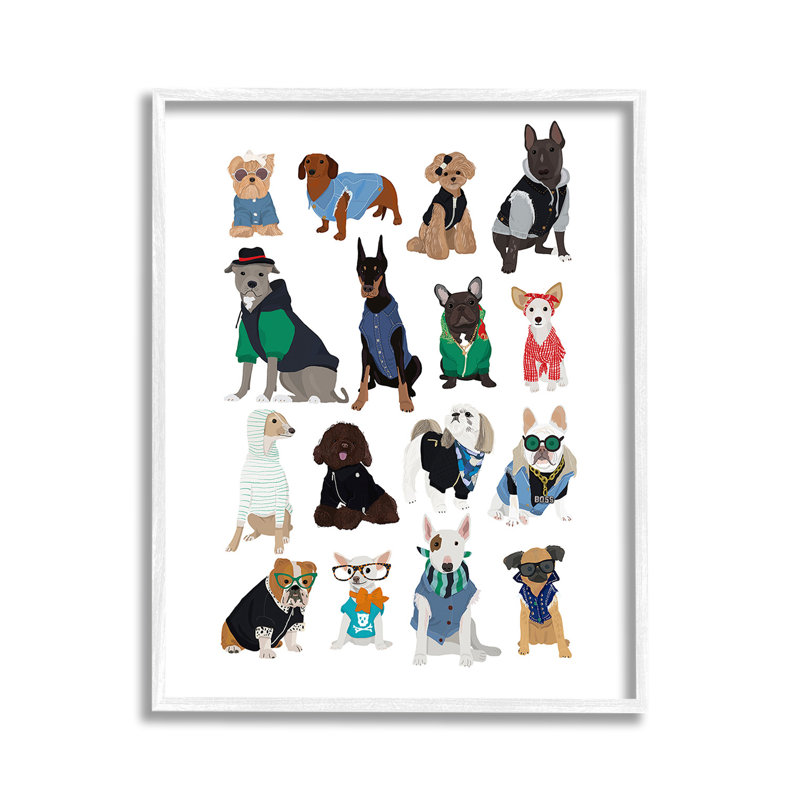 Chiens avec divers modes, estampe numérique encadrée par Hanna Melin, Giclée encadrée noir minuit, H 14 po x l 11 po