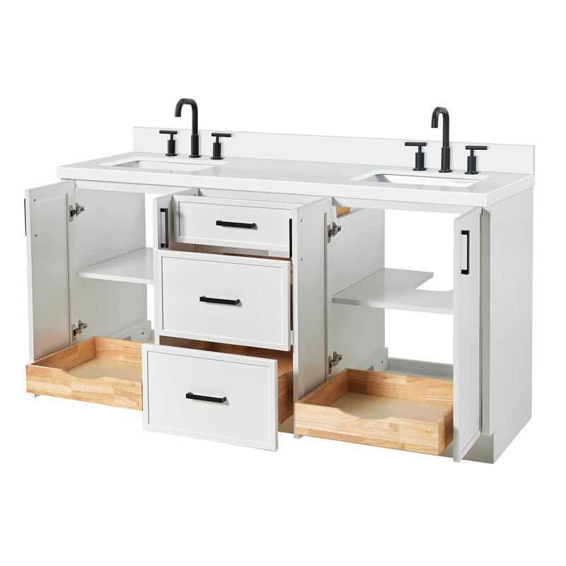 Meuble-lavabo double 67 po avec comptoir en quartz pur Ariel Kelly, Blanc