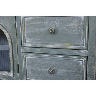 Rustic Farmhouse TV Stand with 4 Drawers & 2 Glass Doors, Distressed Wood Media Console for Versatile Storage and Style