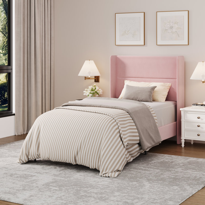 Twin Size Velvet Bed Frame with Wingback Headboard, Upholstered Platform Bedframe with Wood Slats, No Box Spring Needed, Easy Assembly, Pink