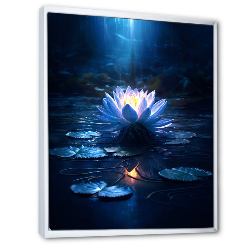 «Blossoming White Lotus In Blue Moon Pond I», reproduction sur toile, H 40 po x l 30 po, Cadre flottant blanc