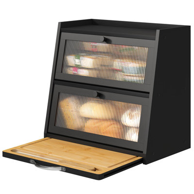 Boîte à pain pour comptoir de cuisine, boîte à pain noire avec planche à découper, bac à pain en bois de bambou de grande capacité avec panneau de porte ondulé en acrylique