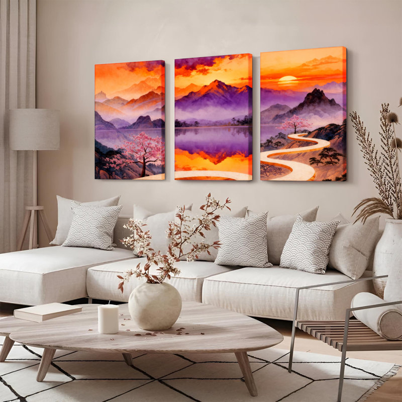 Tableau sur toile tendue représentant un coucher de soleil en montagne (ensemble de 3), H 36 po x l 72 po