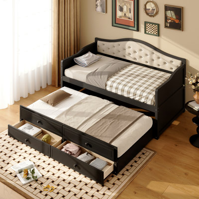 Lit de jour simple avec lit gigogne, lit de jour simple avec 2 tiroirs de rangement, canapé-lit en bois avec dossier capitonné à boutons pour le salon, la chambre à coucher, la chambre d'amis, noir