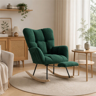 Chaise berçante de loisir en tissu avec repose-pieds réglable, fauteuil berçant de chambre de bébé, dossier haut, poche de rangement sur le côté droit et base en bois massif et métal