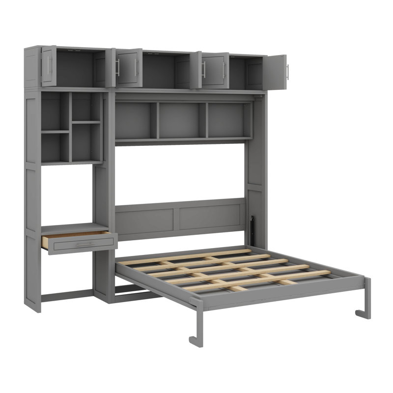 Somptueux lit escamotable mural équipé d'un bureau, d'une armoire supérieure et de composants de rangement, Gris, Grand lit