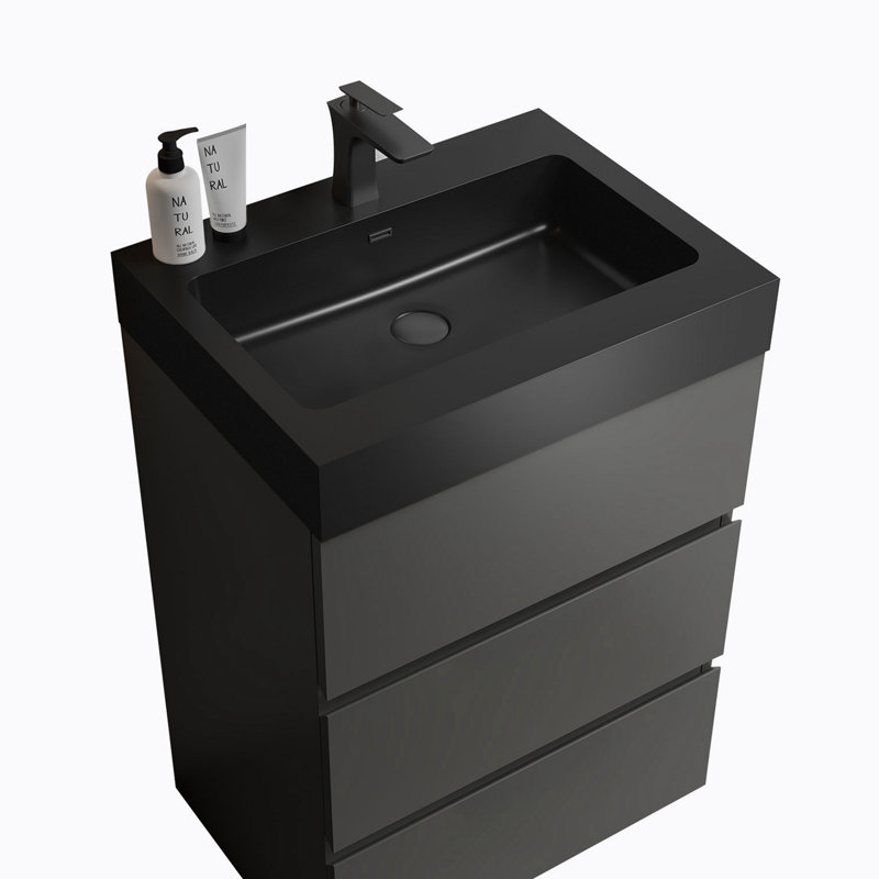 Meuble-lavabo sur pied simple 24 po avec plateau en résine Mostyn, Gris, Noir