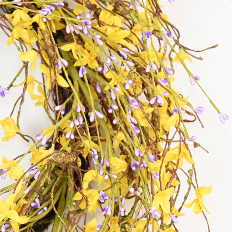 Couronne de fleurs artificielle 24 po avec fleurs de printemps, Jaune / Mauve