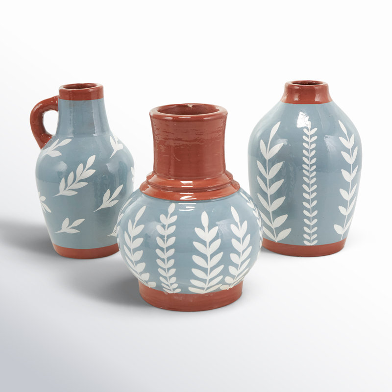 Blue and Terracotta Ceramic Bud Vase Set of 3