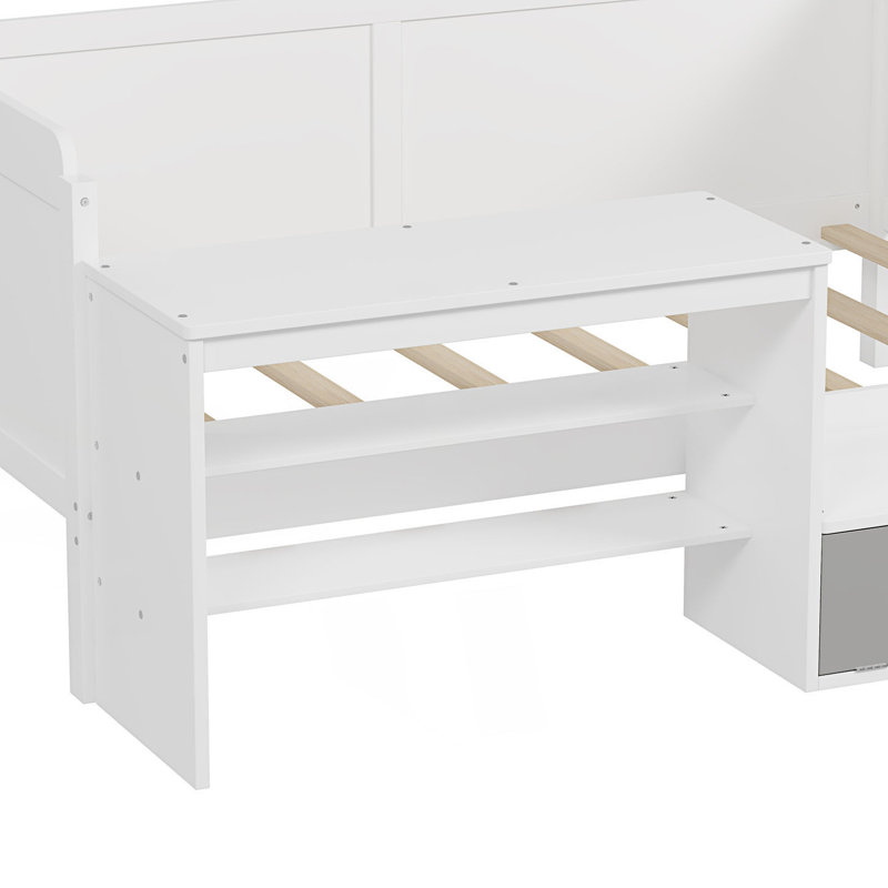 Size Daybed With Storage Shelves And Lockers, Multi-Functional Bed With Study Desk And Matching Stool, White