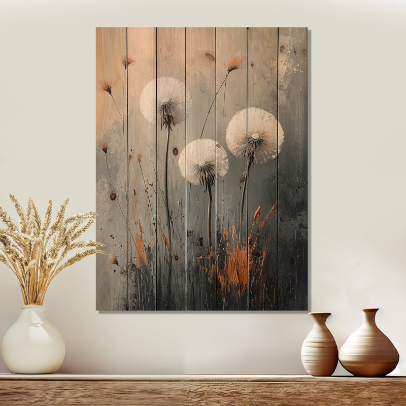 Pissenlit silencieux dans un minimalisme I - art mural en bois de pissenlit - sur bois de pin naturel