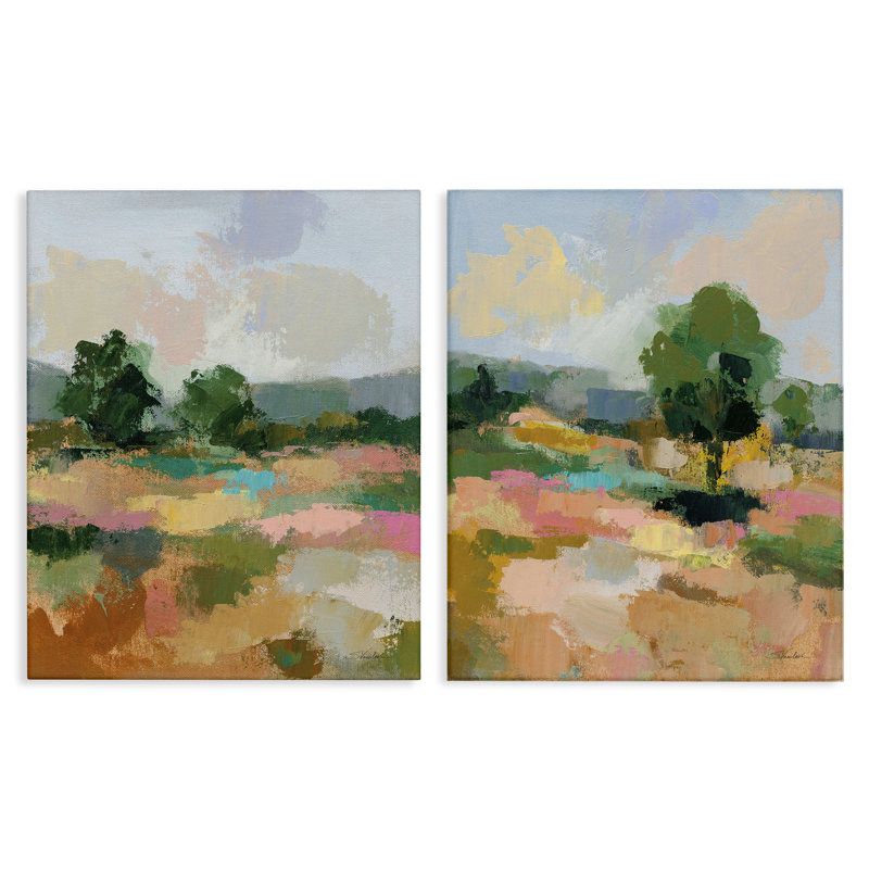 «Spring Field Abstract Landscape», ensemble de 2 toiles murales par Silvia Vassileva, H 20 po x l 16 po