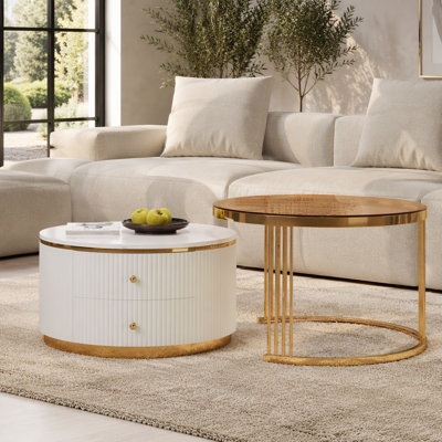 Modern 2 Pieces Round Nesting Coffee Table with Drawers and Brown Tempered Glass Top in 27.6''