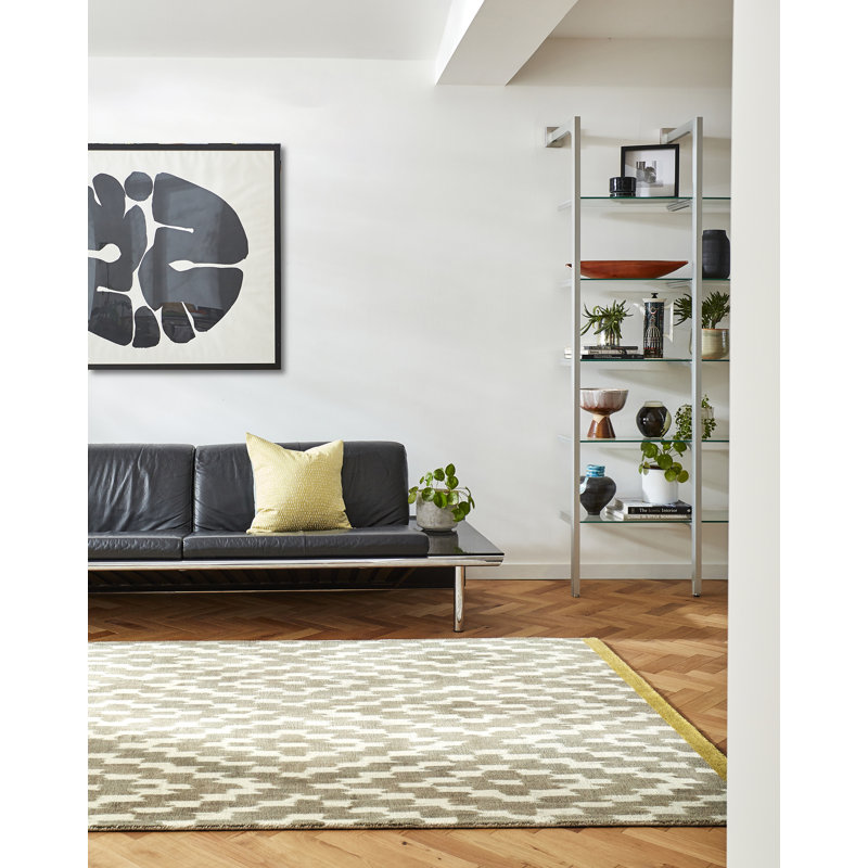 Tapis beige rectangulaire en laine touffeté à la main à motif géométrique Damiracle, Rectangle 3 pi 11 po x 5 pi 11 po